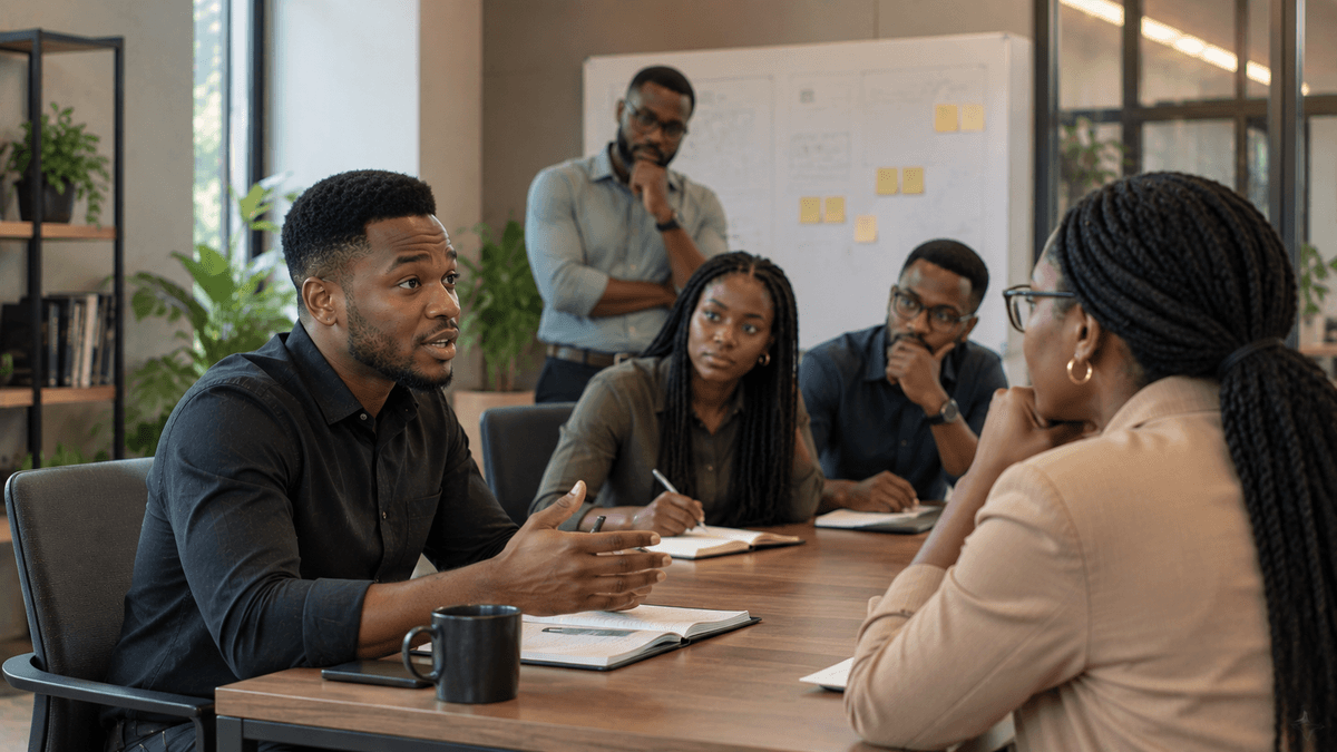 Imoye graduate collaborating in an international professional work setting
